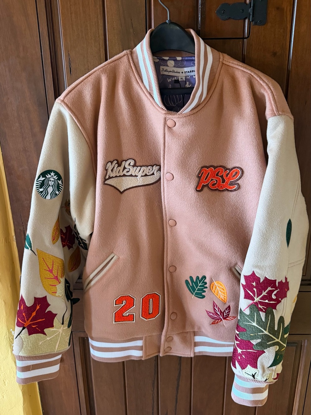 New Psl Starbucks Beige & Cream Varsity Jacket with Autumn Leaf embroidery XL